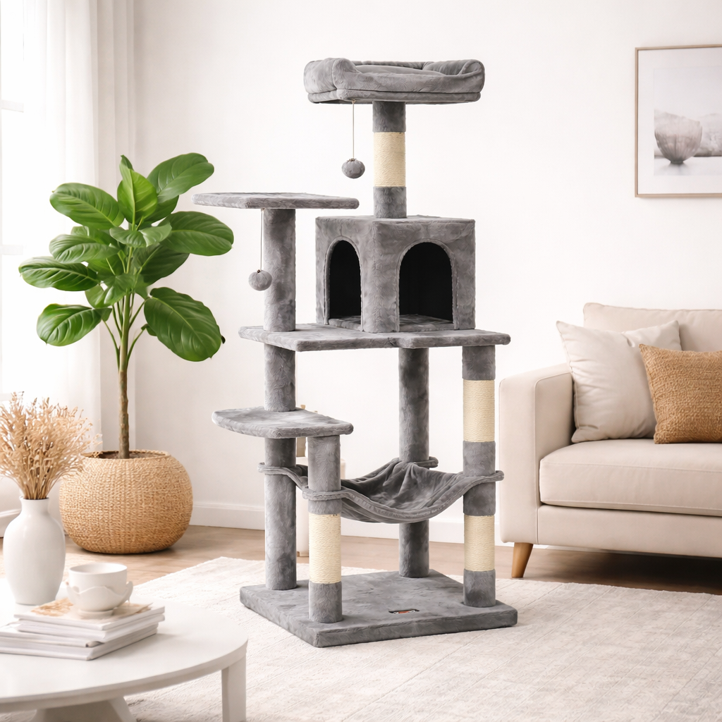 Arbre à Chat Gris Clair Multi-Niveaux en Tissu Peluche
