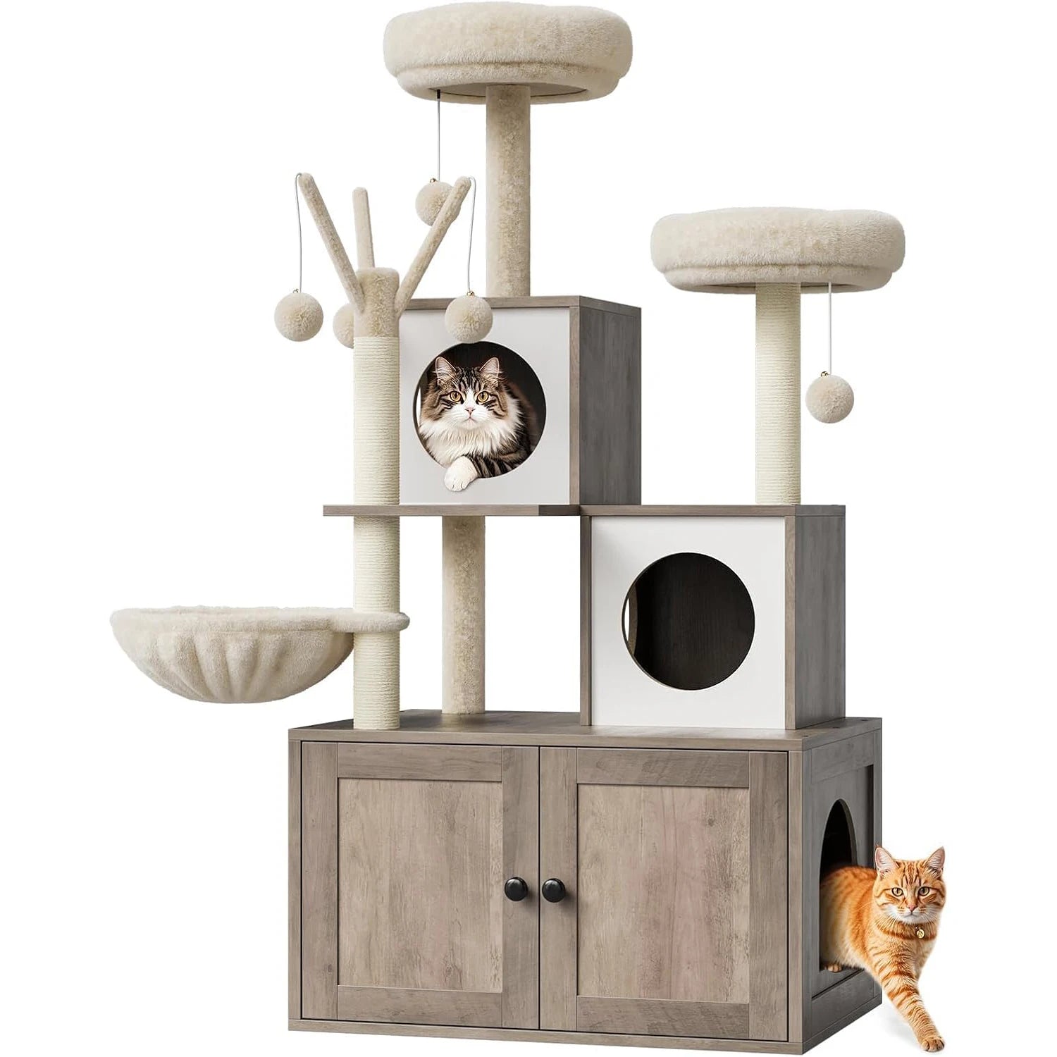 Arbre à Chat en Bois 2 en 1 à Plusieurs Niveaux avec Étagère Intégrée