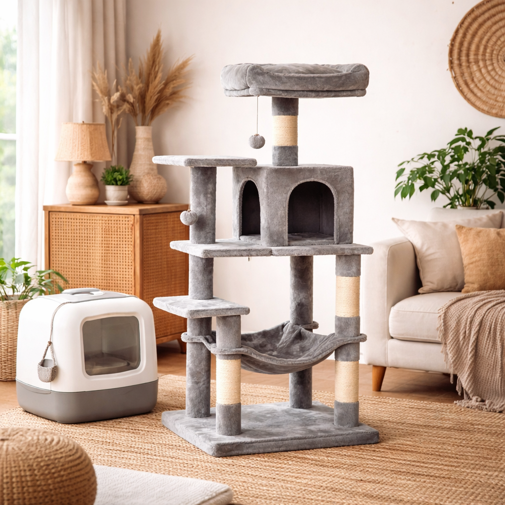 Arbre à Chat Gris Clair Multi-Niveaux en Tissu Peluche