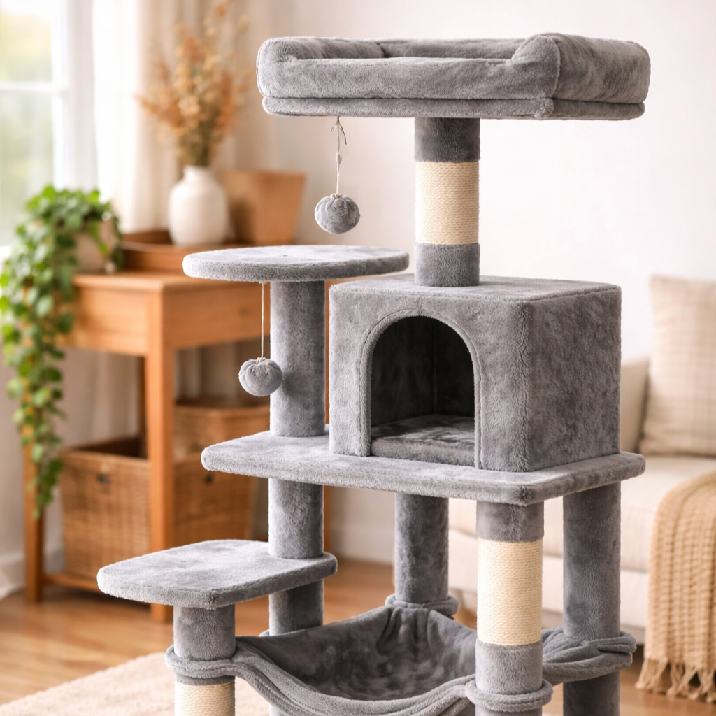 Arbre à Chat Gris Clair Multi-Niveaux en Tissu Peluche