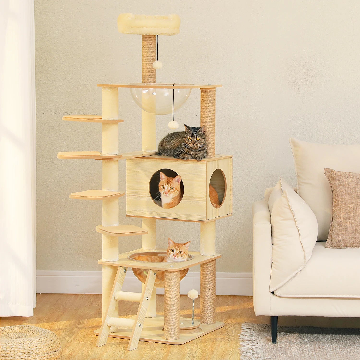 Arbre à Chat en Bois Multi-Niveaux avec Griffoir et Hamac